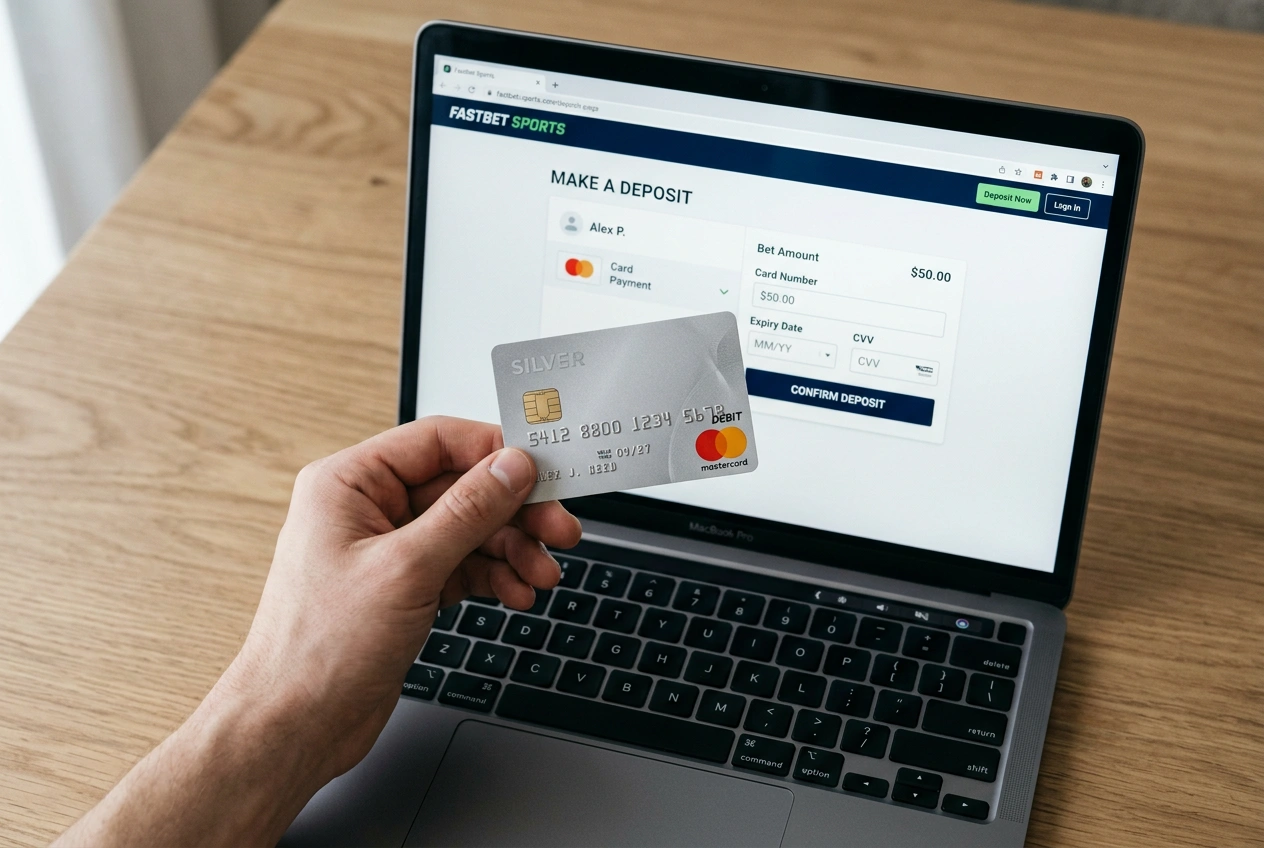 Ruka drží Mastercard debetnú kartu pred obrazovkou notebooku s otvorenou stávkovou kanceláriou