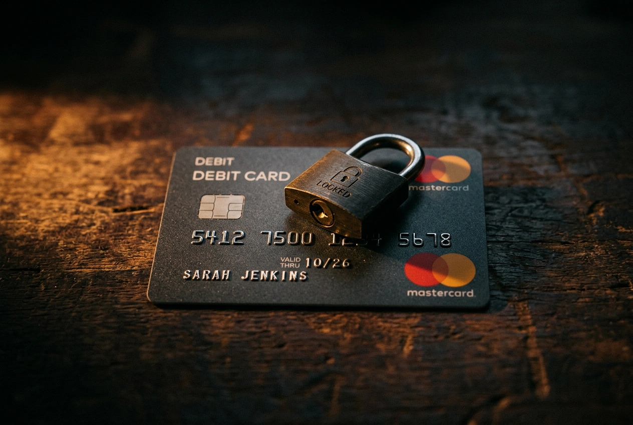 Zamknutý zámok na platobnej karte Mastercard symbolizujúci blokovanú transakciu
