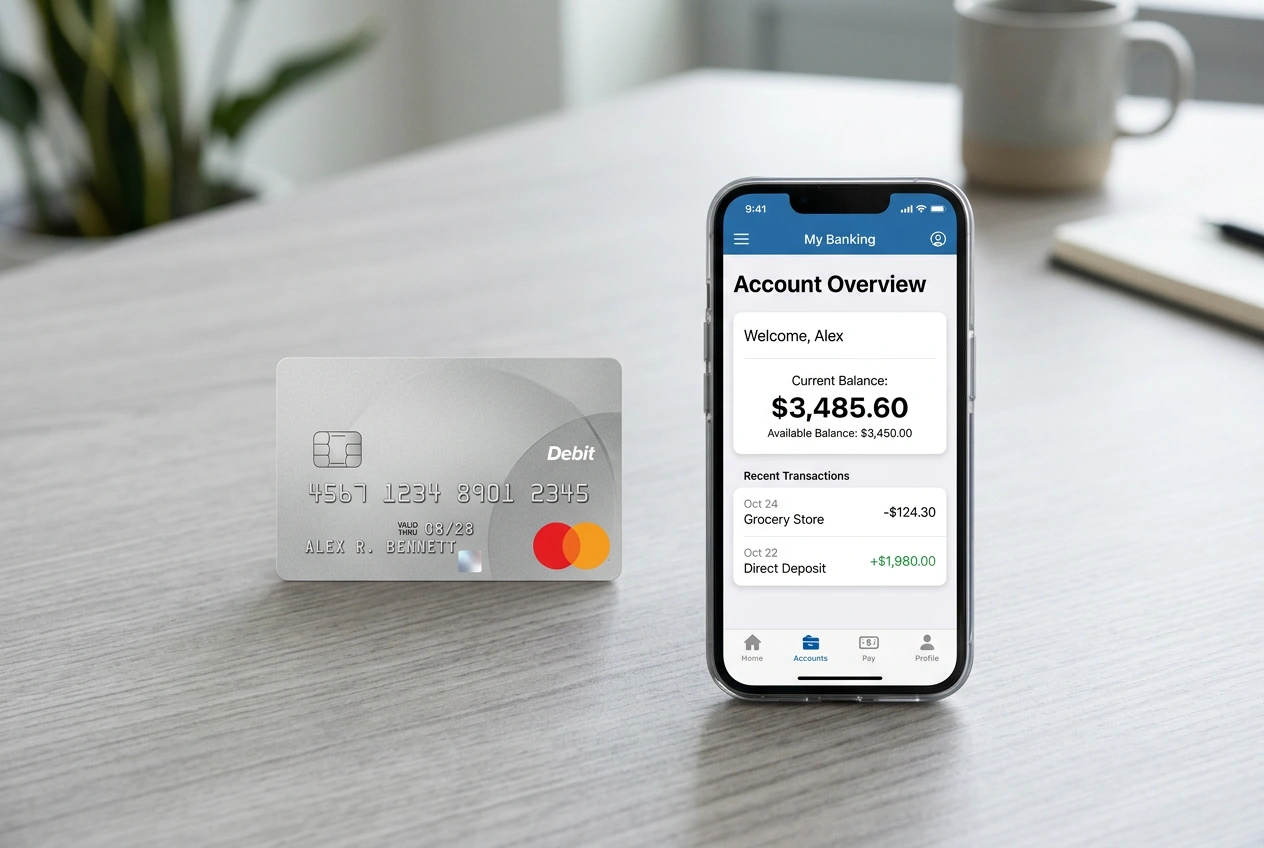 Debetná karta Mastercard položená na stole vedľa bankovej aplikácie na smartfóne