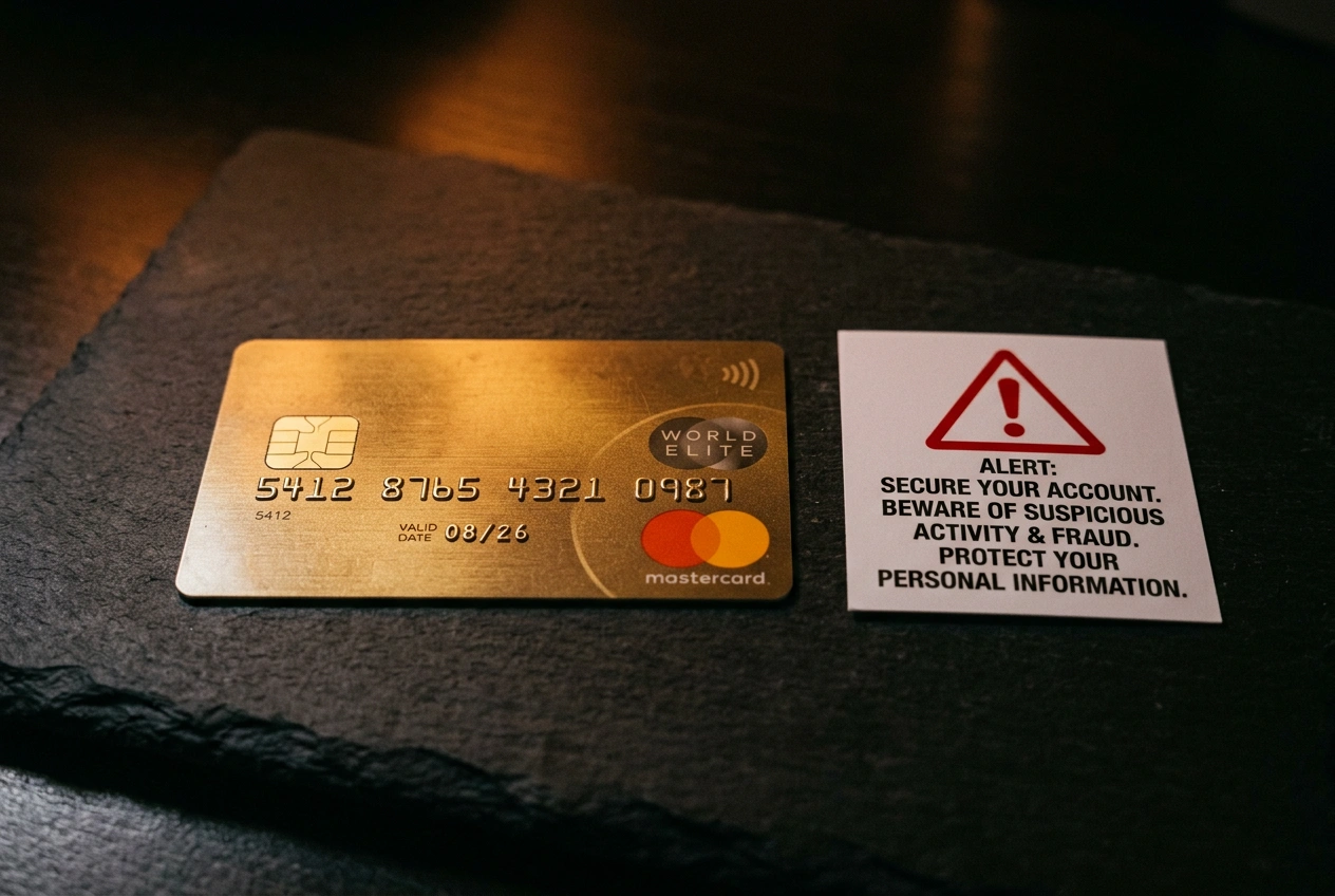 Kreditná karta Mastercard s varovným symbolom na tmavom pozadí