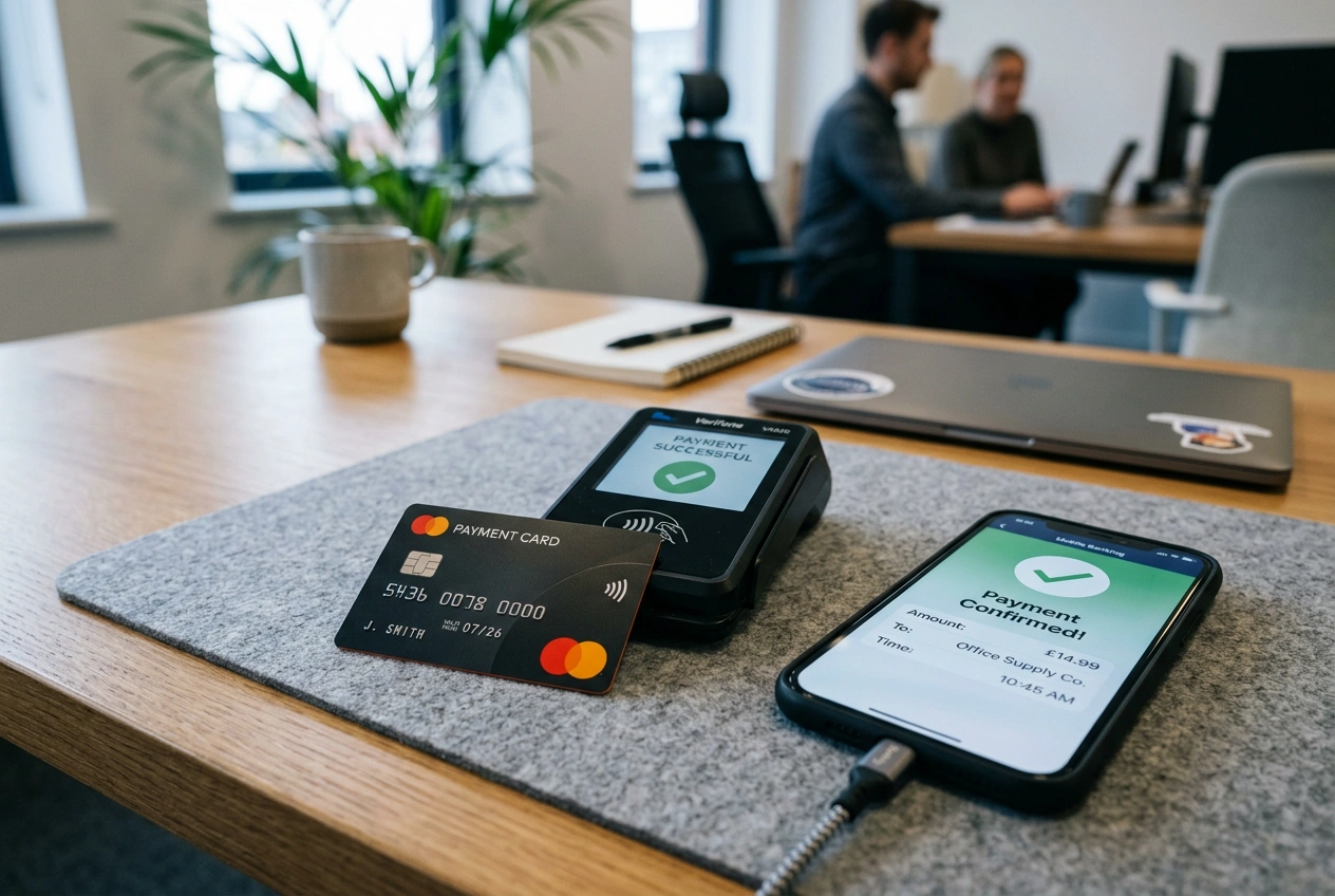 Mastercard karta s čítačkou kariet a smartfónom zobrazujúcim potvrdenie vkladu