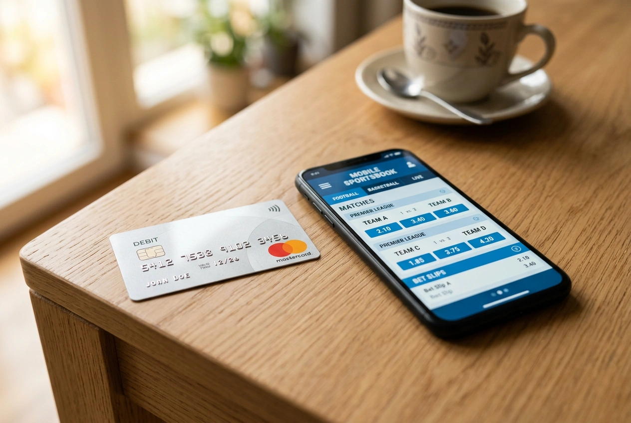 Debetná karta Mastercard a smartfón s mobilnou aplikáciou Niké na drevenom stole