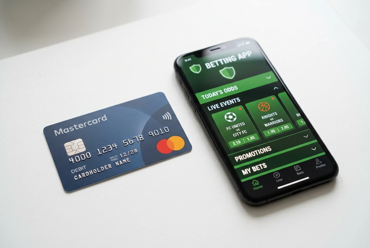 Platobná karta Mastercard položená vedľa smartfónu so zobrazeným rozhraním Tipsport