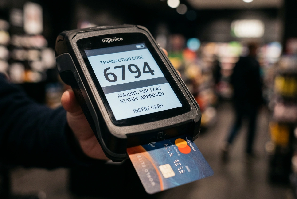 Platobný terminál zobrazujúci kód transakcie vedľa karty Mastercard